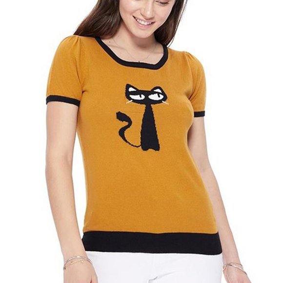Women's Short Sleeve Crewneck Cat Print Casual T-Shirt Sweater - Picture 1 of 3
